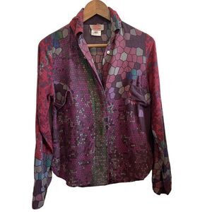 Aoyama Itchome Shirt Women’s Small Mixed Print Roll Tab Viscose